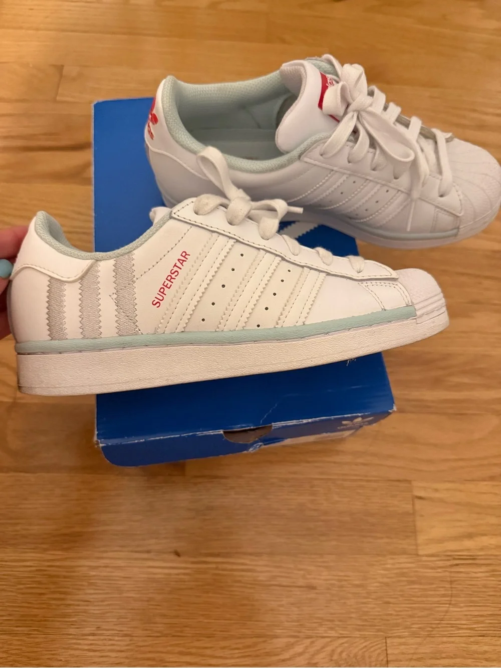 adidas Kids White Sneakers with Red Logo and Light Mint Lining